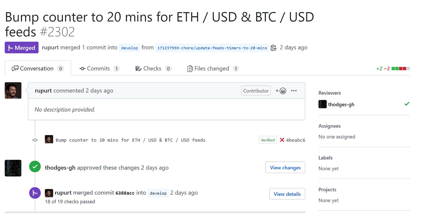 Github commit for updating the frequency of updates for a Chainlink feed