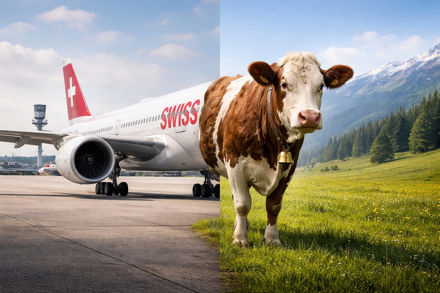 Bildmontage aus Luftfahrt und Landwirtschaft: Ein SWISS-Passagierflugzeug auf dem Flughafen verschmilzt in der Mitte des Bildes mit einer braun-weissen Kuh, die auf einer grünen Wiese vor alpiner Bergkulisse steht.
