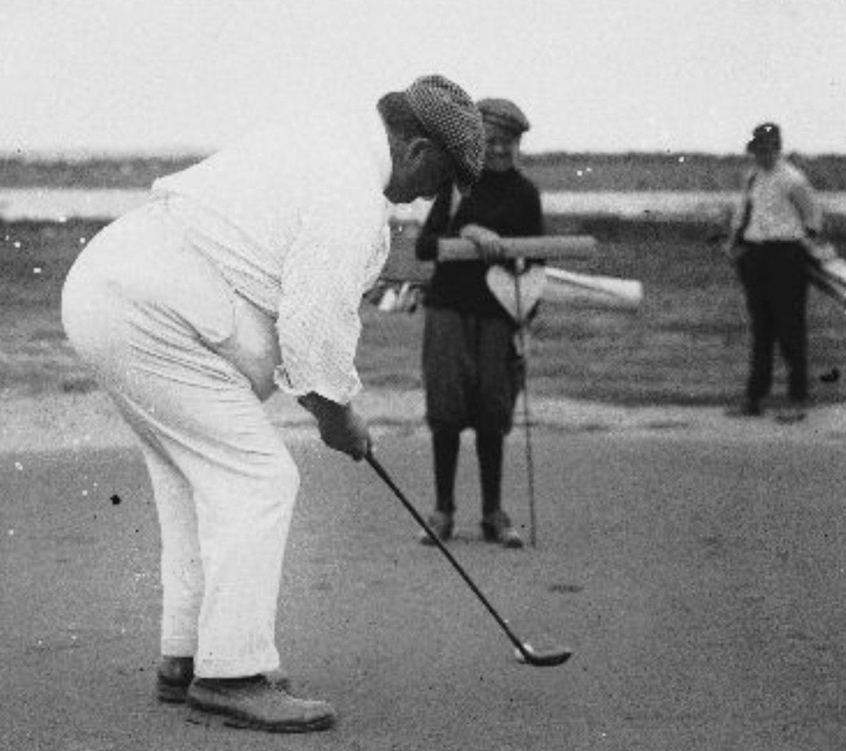 William Howard Taft, first President photographed playing golf, while  putting in San Diego—no press conference: