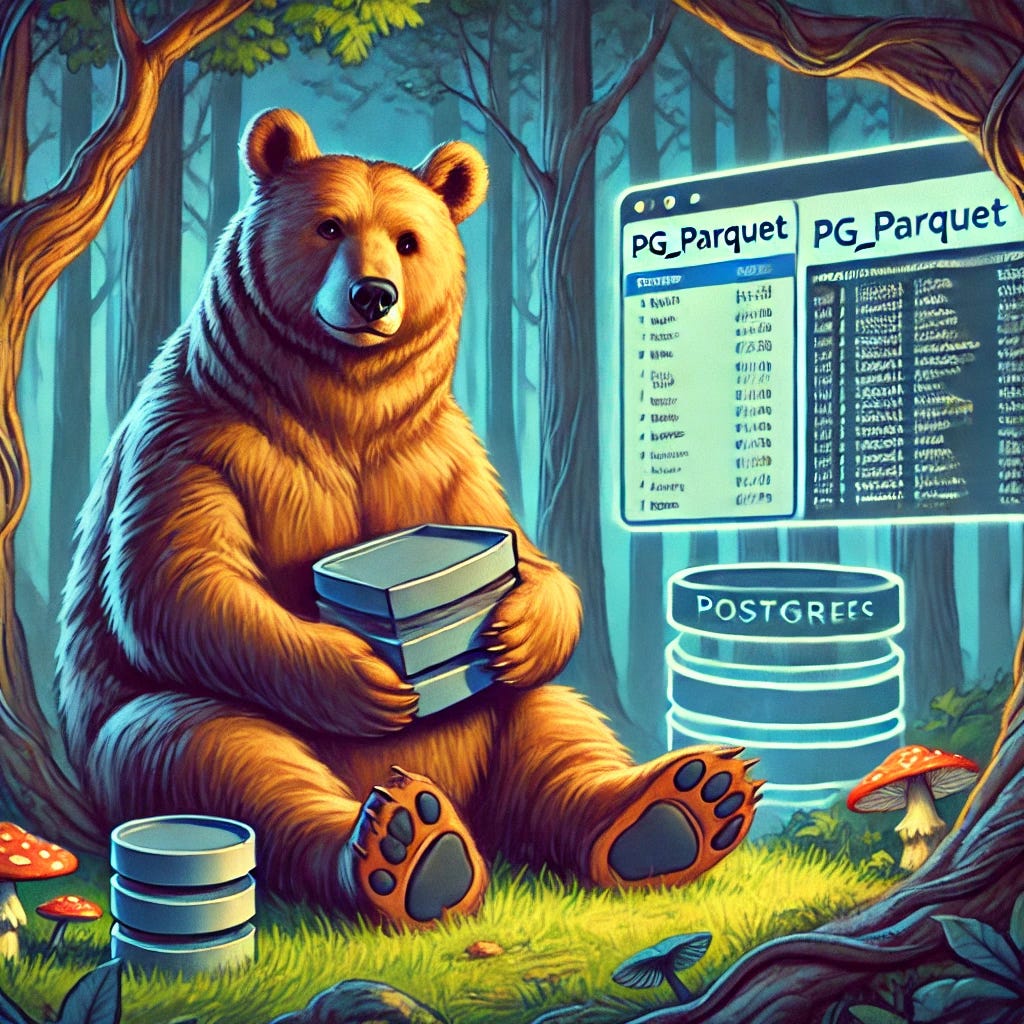 An illustration for 'pg_parquet: An Extension to Connect Postgres and Parquet' with a scene of a bear sitting in a digital forest, holding a Parquet file in one paw and interacting with a Postgres database interface in the other. The environment symbolizes connectivity between Parquet and Postgres databases, and the bear's expression is content and confident.