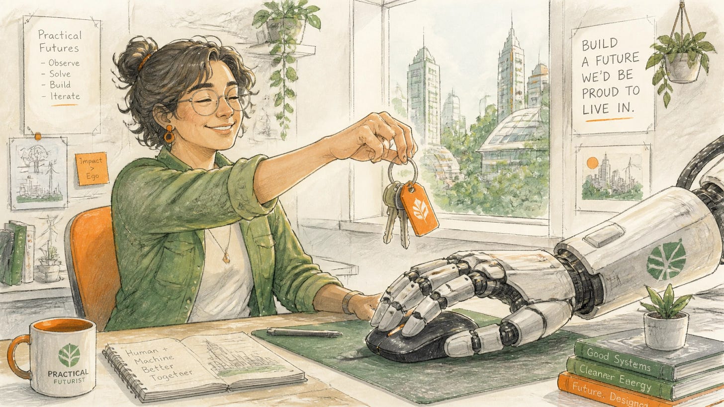 A relaxed person at a desk hands a ring of keys to a large robotic hand that already rests on their computer mouse — giving an AI agent computer-use access. A relaxed person at a desk hands a ring of keys to a large robotic hand that already rests on their computer mouse — giving an AI agent computer-use access.