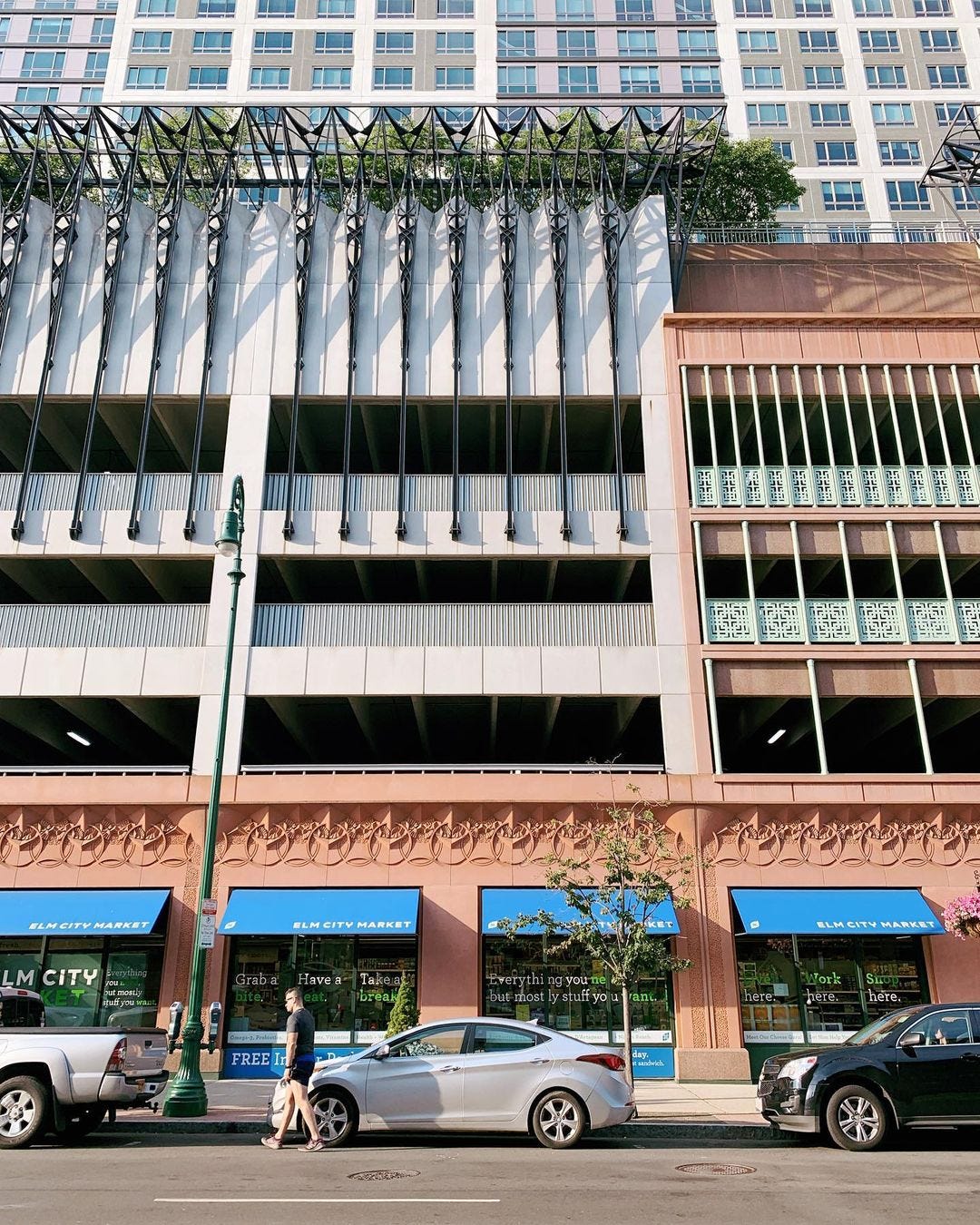 Recently built parking garage, with garden rooftop