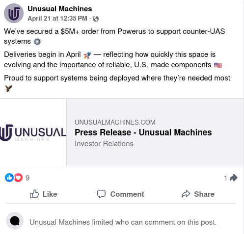 Unusual Machines' Facebook post announcing the deal