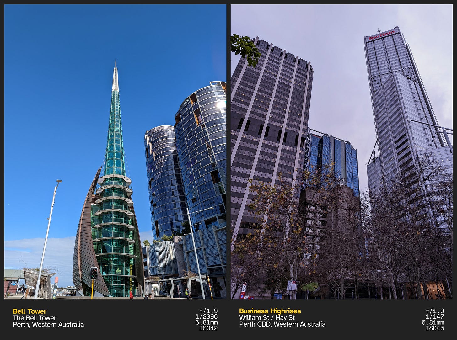 Left: A modern, glass-constructed bell tower is framed on the center. A glass building can be seen to the right; Right: A group of four buildings with the highest tower on the right with a company sign "RioTinto" near the top. The lower portion of the buildings are obscured by shedding trees