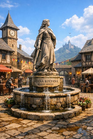 Vallaki town square bright sunlight with memorial fountain statue of Ireena Kolyana looking westward