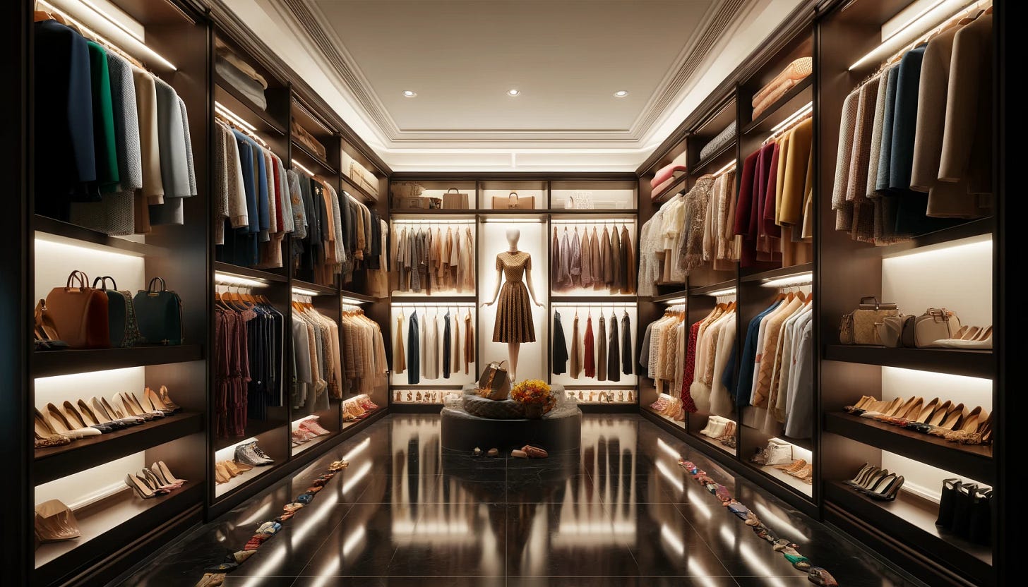 A huge walk-in closet filled with luxury clothes. The closet features elegant dresses, tailored suits, and designer accessories such as handbags and shoes. The clothes are organized by color, creating a visually appealing and vibrant display. The setting is sophisticated with polished floors, soft lighting, and spacious shelving, emphasizing the opulence and exclusivity of the collection.