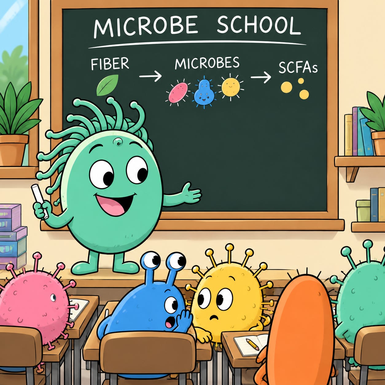 At Microbe School, Omie teaches that certain gut microbes ferment fiber into short-chain fatty acids. The surprised microbes discover they do more than eat.