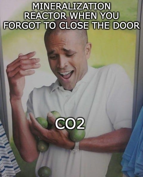 Text: "Mineralization reactor when you forgot to close the door." Below, a smiling man struggling to hold an armful of limes, labelled "CO2", as they spill.