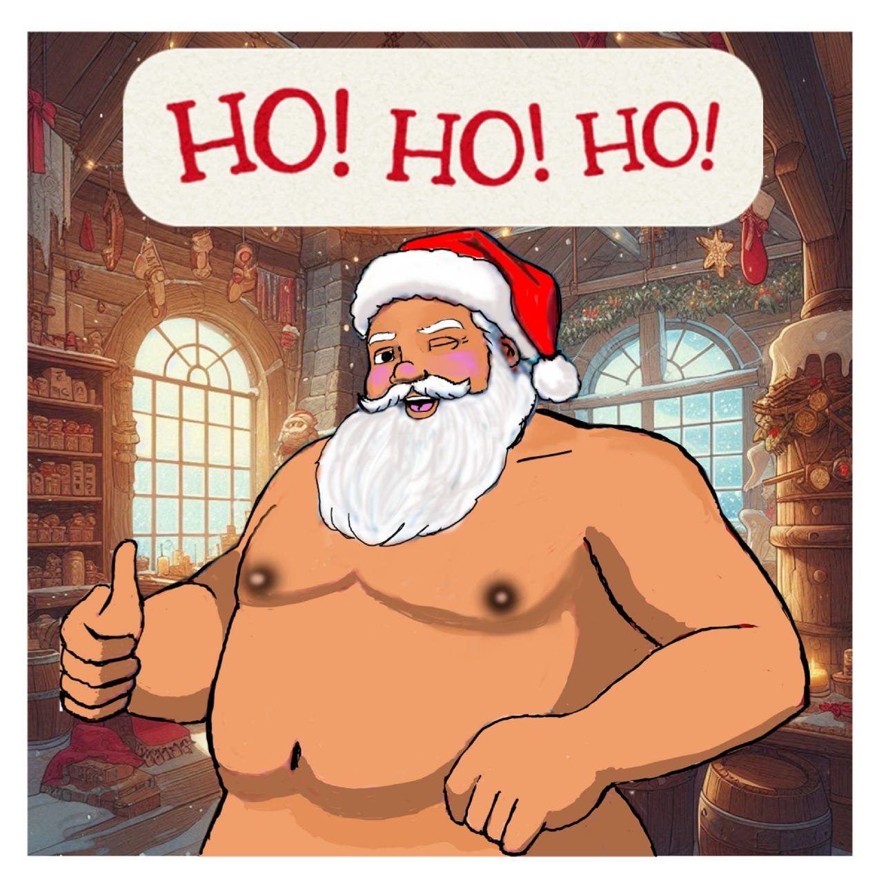 Panel 3: A close-up of Santa’s cheerful face as he turns to the camera with a thumbs-up and exclaims, "HO! HO! HO!"