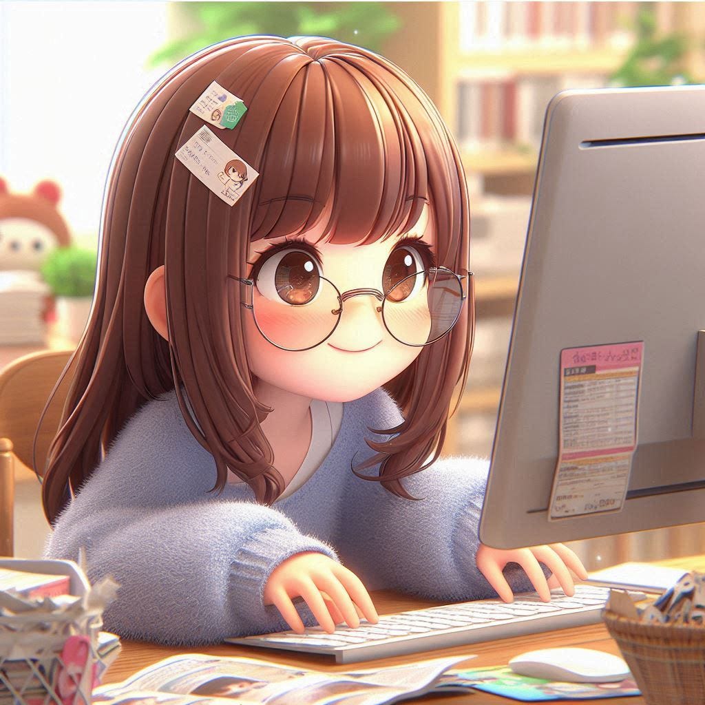 uma menina no computador feliz de oculos cabelos castanhos compridos, olhos castanhos,.. esta em uma pagina da web, fazendo scrapping, como se o conteudo saisse do computador, e ela conseguisse coletar esse conteudo.. imagem fofa 3d uma menina no computador feliz de oculos cabelos castanhos compridos, olhos castanhos,.. esta em uma pagina da web, fazendo scrapping, como se o conteudo saisse do computador, e ela conseguisse coletar esse conteudo.. imagem fofa 3d