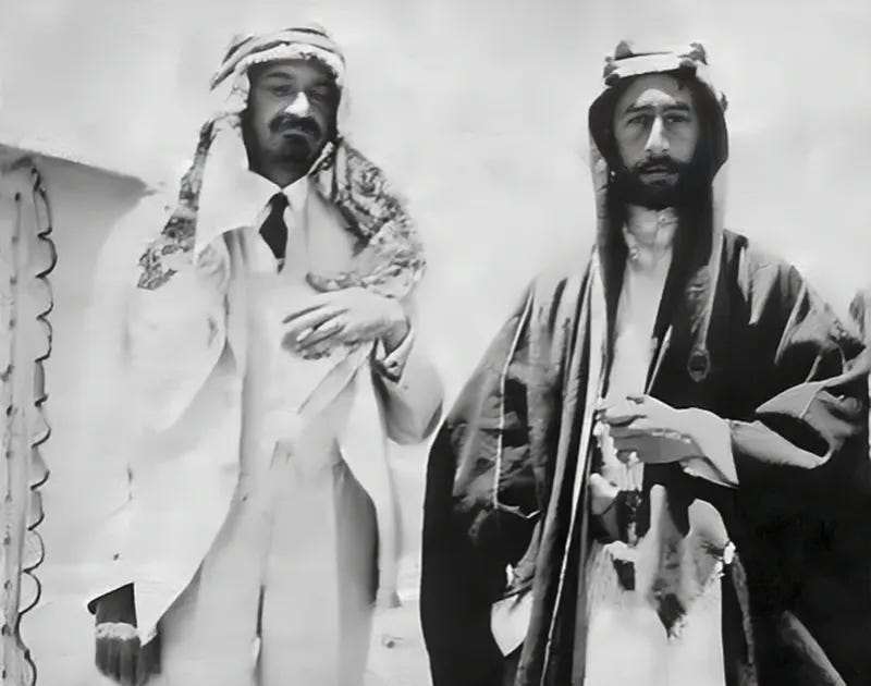 Chaim Weizmann wearing Arab dress as a sign of friendship, and Emir Faysal, in Syria
