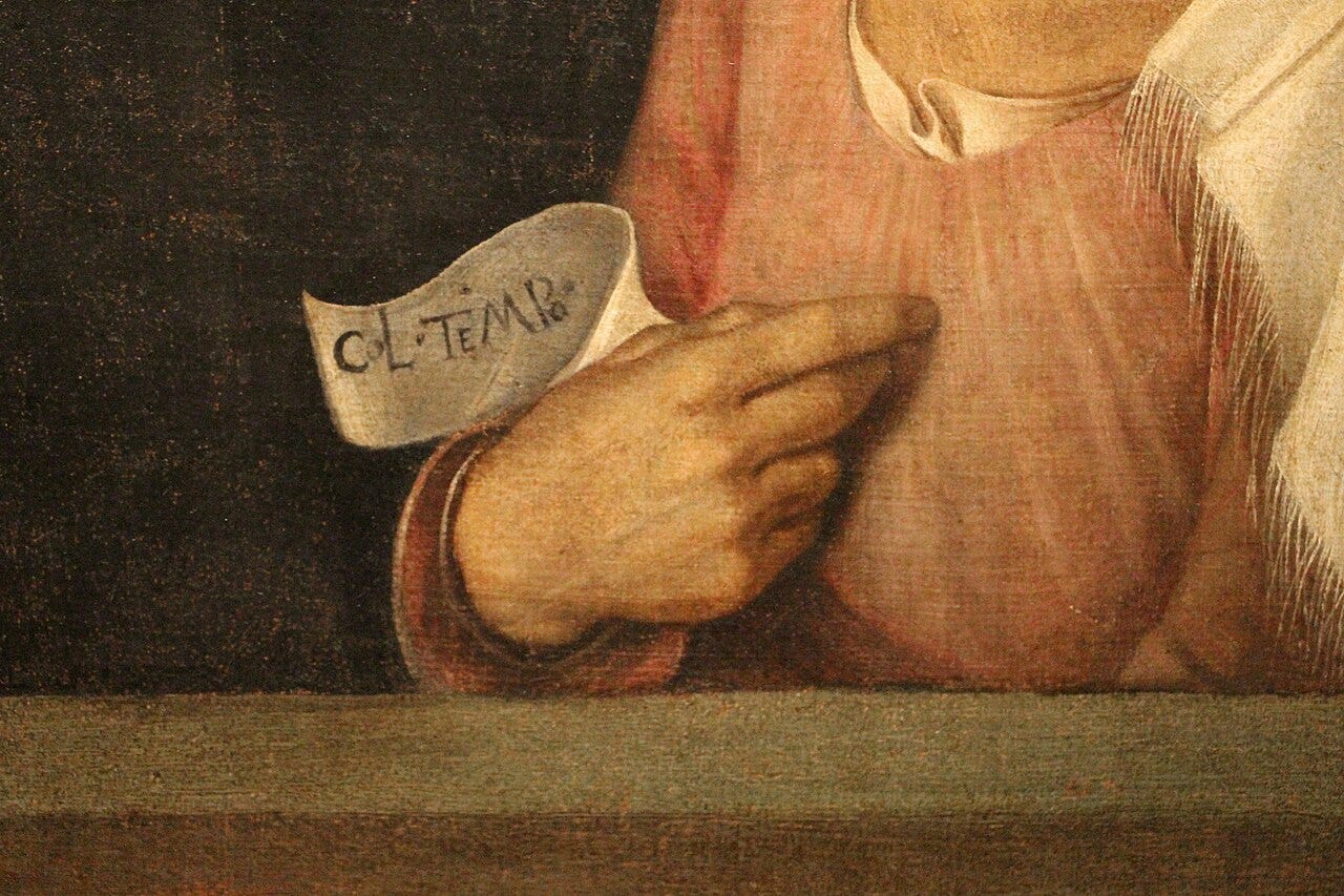 An old woman points to herself holding a scroll that reads with time, meaning age comes for all An old woman points to herself holding a scroll that reads with time, meaning age comes for all