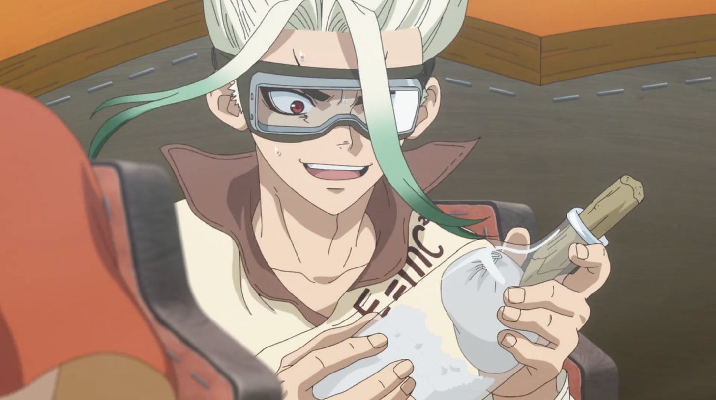 Senku holding the acetylene gas bottles he created in Dr. Stone.