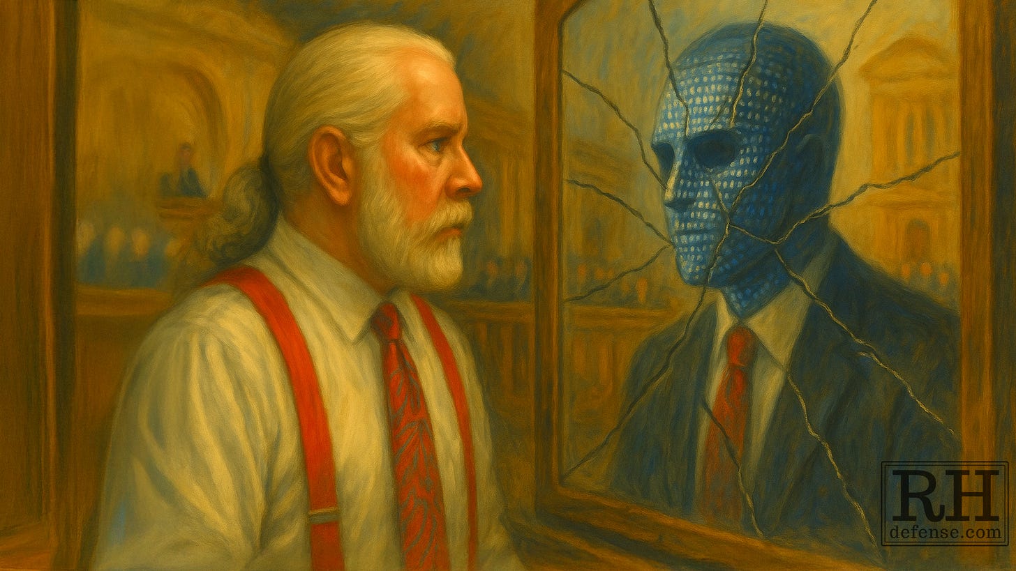 A human lawyer seen in profile reflected as a cracked, digital face in a courtroom mirror — law and artificial answers reflected back. A human lawyer seen in profile reflected as a cracked, digital face in a courtroom mirror — law and artificial answers reflected back.