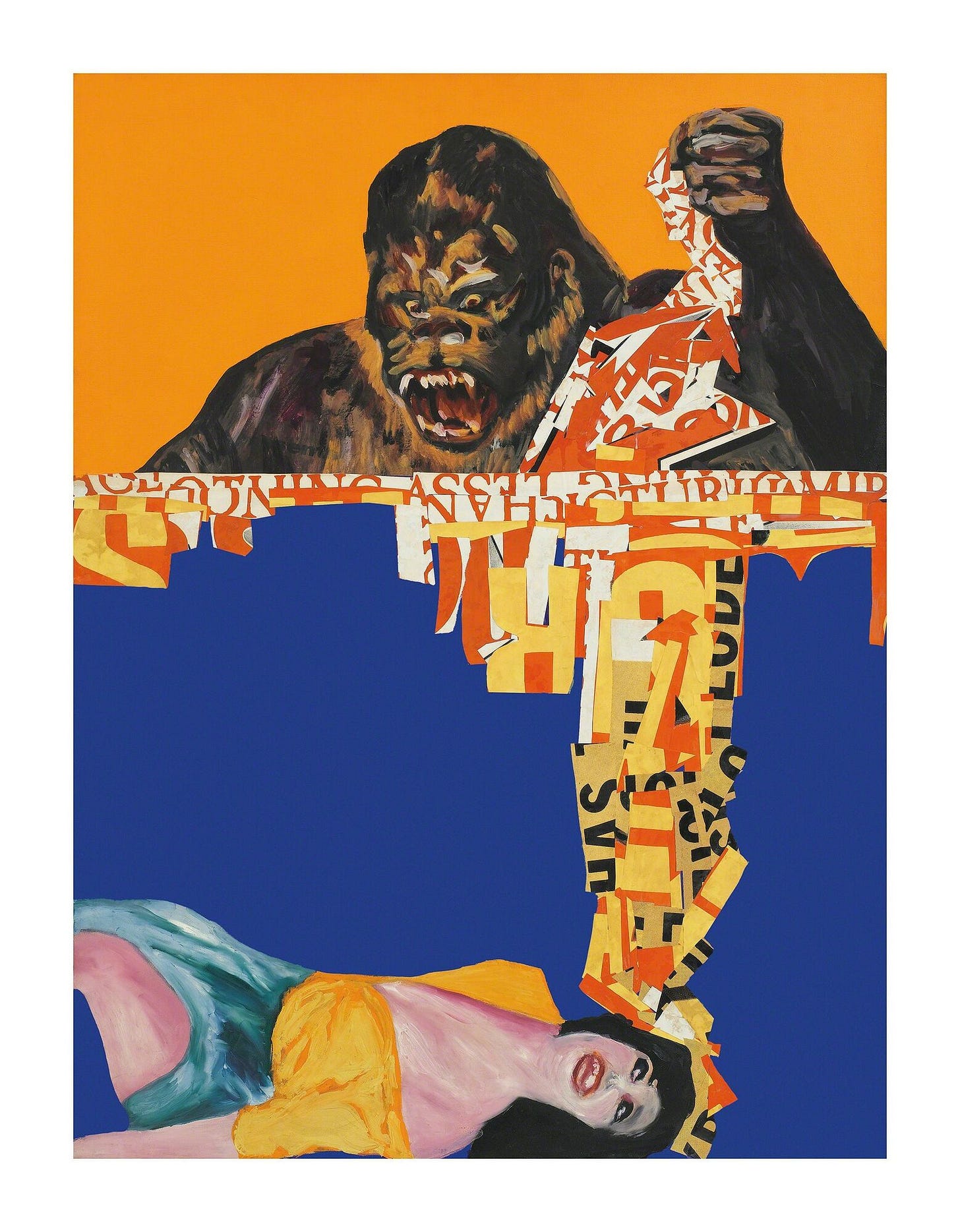 colagem e pintura se juntam num quadro vertical, metade de cima laranja com um gorila raivoso despejando palavras para baixo. na parte de baixo, fundo azul chapado com o restante das letras caindo no ouvindo de uma mulher deitada de lado
