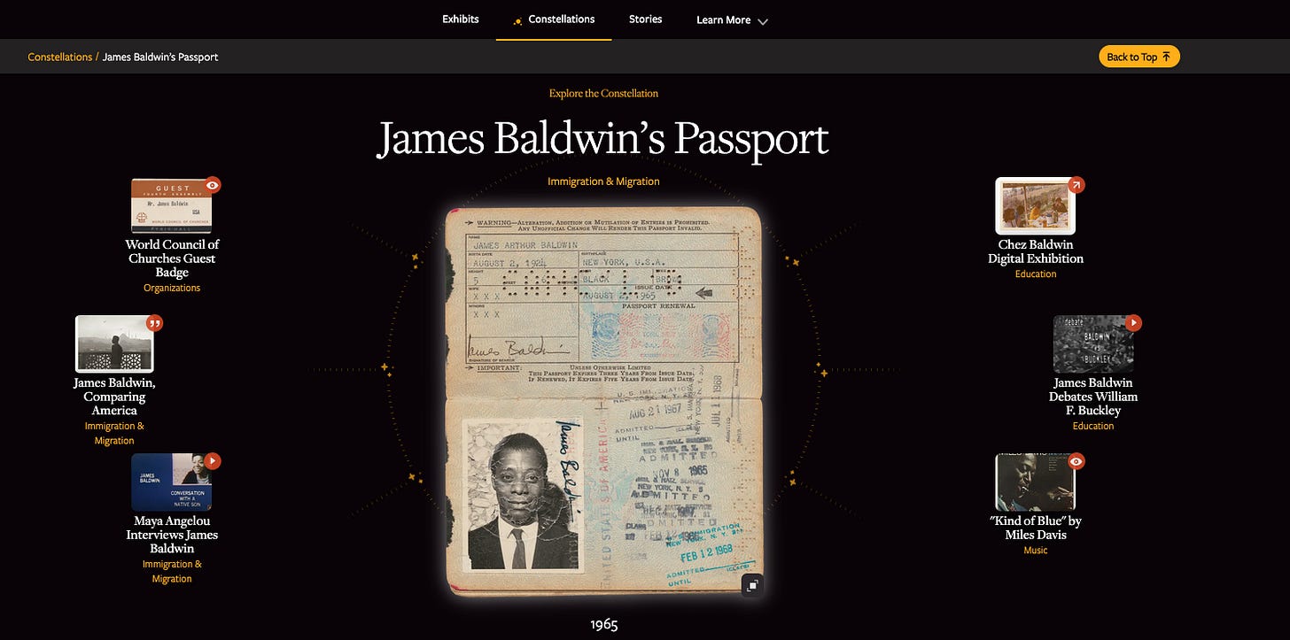 Una costellazione del Searchable Museum che ha al centro il passaporto di James Baldwin del 1965.