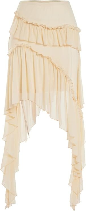 Verdusa Womens Boho Flowy Asymmetrical Skirt Ruffle Country Concert Outfits | Skirt with Shorts Underneath, Y2K, Fairy Skirt, Western Outfits, Mesh Skirt, Beach Skirt