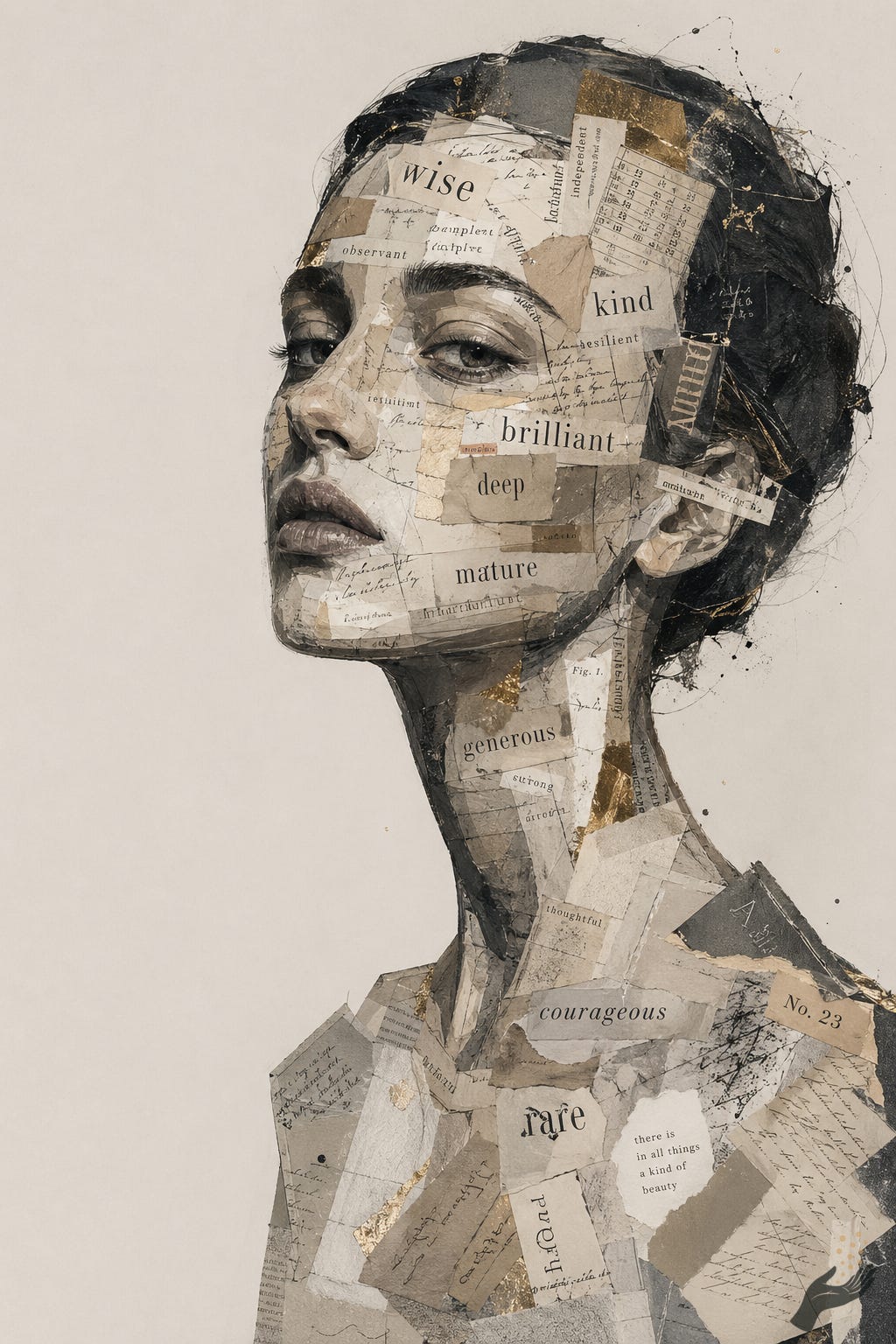 Every label becomes a feature; every feature becomes evidence. Alt text: Mixed-media collage portrait of a woman’s face and bust constructed from torn paper, handwritten fragments, and labels with words such as “wise,” “kind,” “brilliant,” “deep,” “mature,” “generous,” “courageous,” and “rare,” set against a pale background.