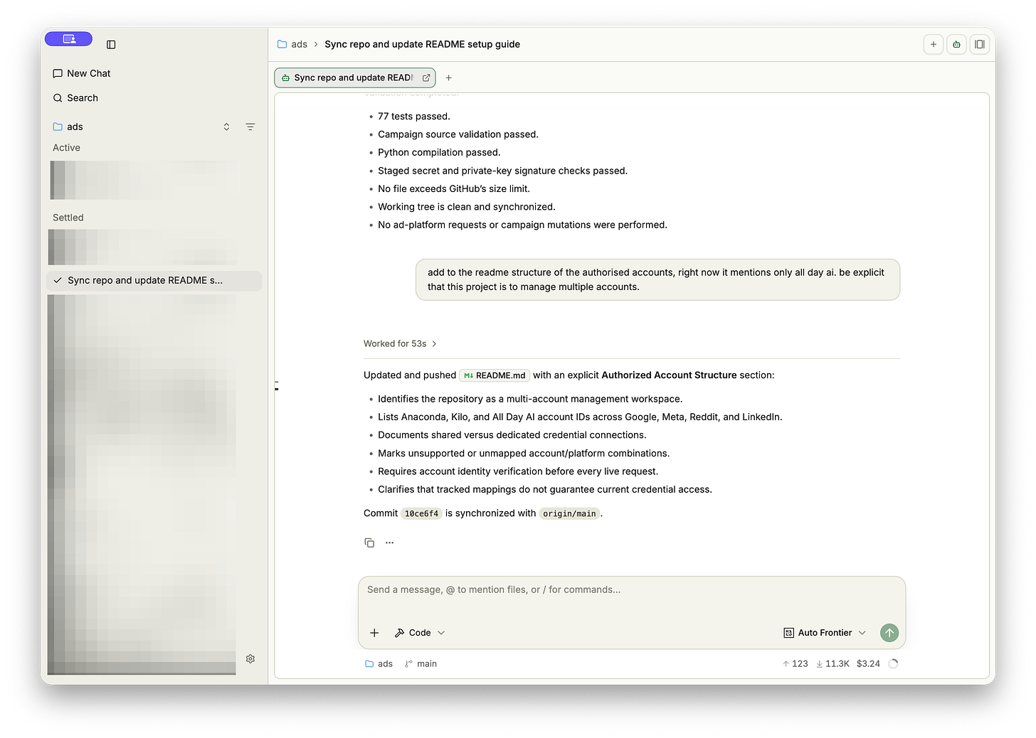 My ads workspace showing the account documentation update, with previous campaign and reporting sessions in the sidebar.