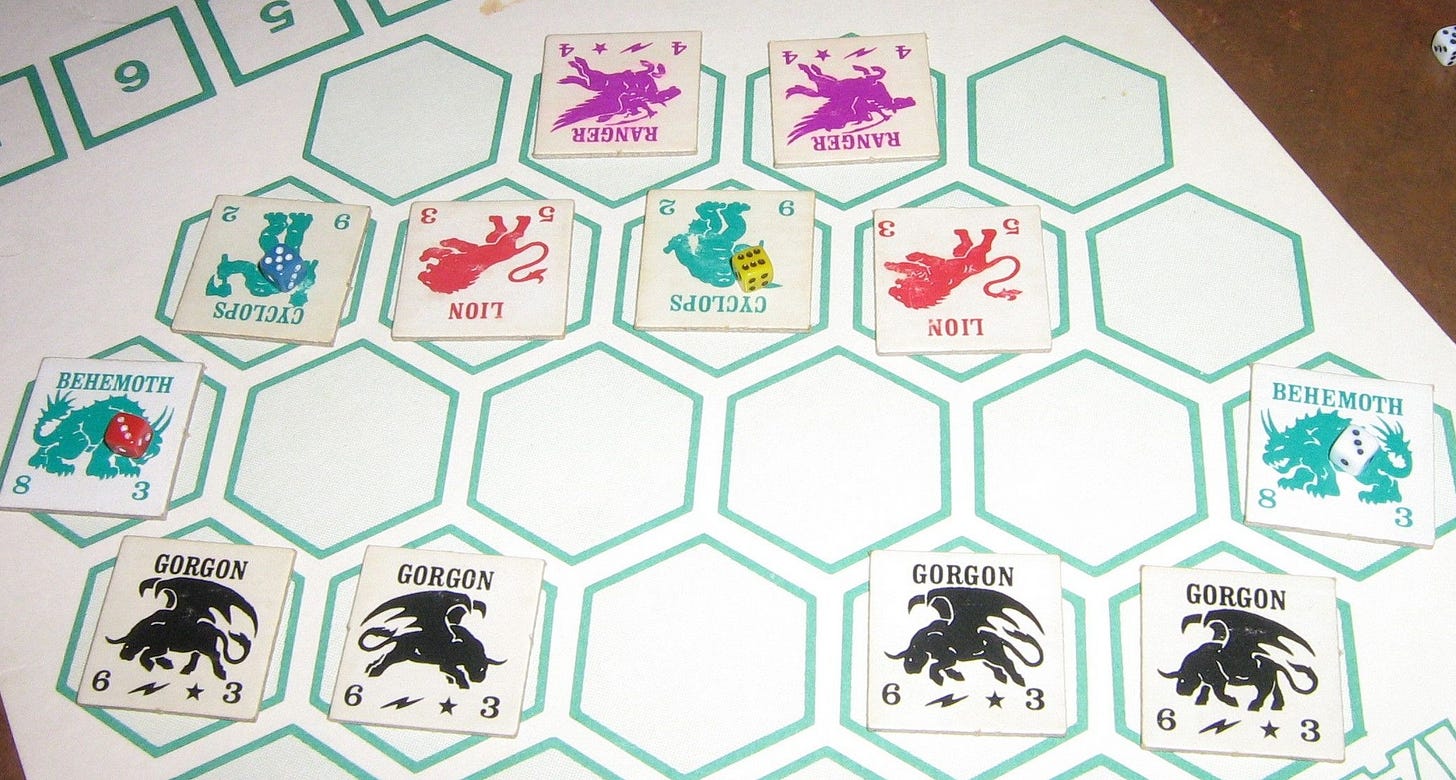Gorgons, Cyclops, Rangers and other creatures battle on a small hex map, with dice used to mark damage
