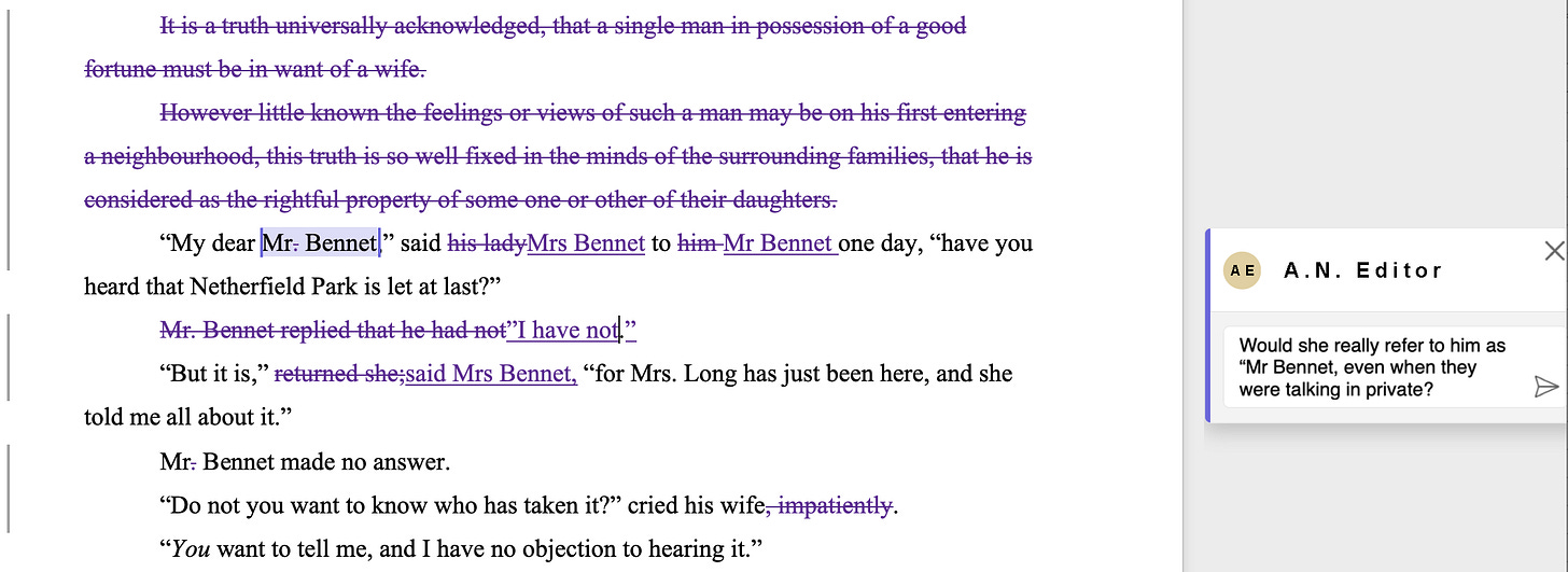 Screenshot of a Word screen, with the marked up text of Price and Prejudice.