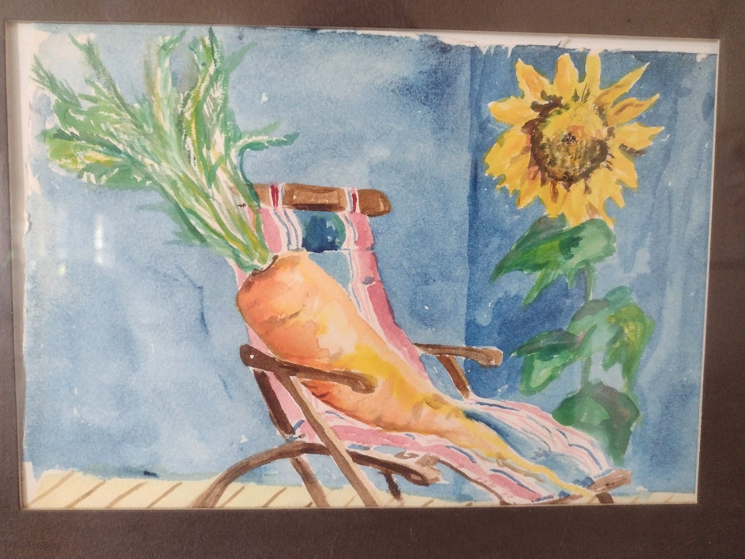 Painting of a carrot in a deck chair with a sunflower overhead