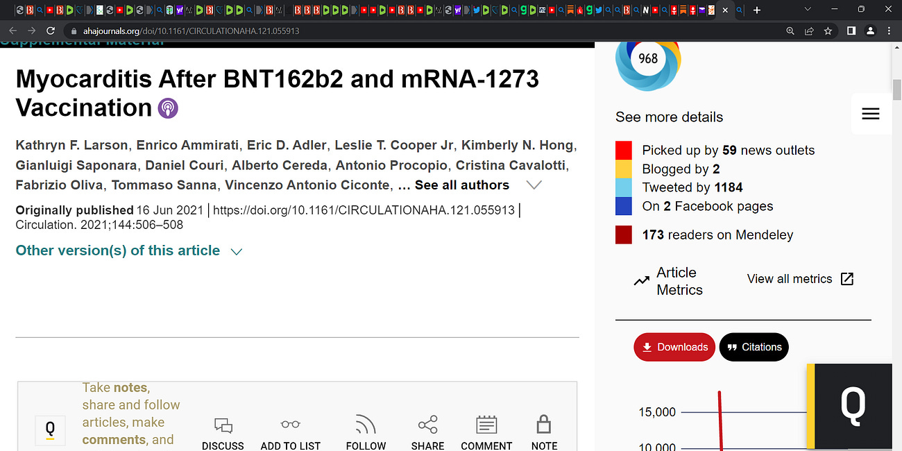 Myocarditis after Pfizer and Moderna mRNA technology based gene injection vaccine (Larson et al.); describes 8 patients who were hospitalized with chest pain and who were diagnosed with myocarditis 
