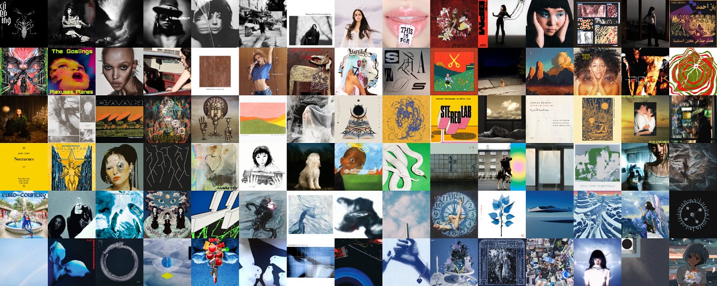 #1 EVE: ROMANCE by Bibi, #2 Instant Holograms On Metal Film by Stereolab, #3 SAYA by Saya Gray, #4 Evangelic Girl Is a Gun by yeule, #5 All Living Things by Park Jiha, #6 Birthmarks by Bambara, #7 Sonor by Enji, #8 Bunky Becky Birthday Boy by Sleigh Bells,