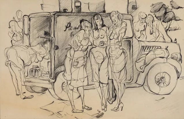 A drawing of women standing next to a truck

AI-generated content may be incorrect.