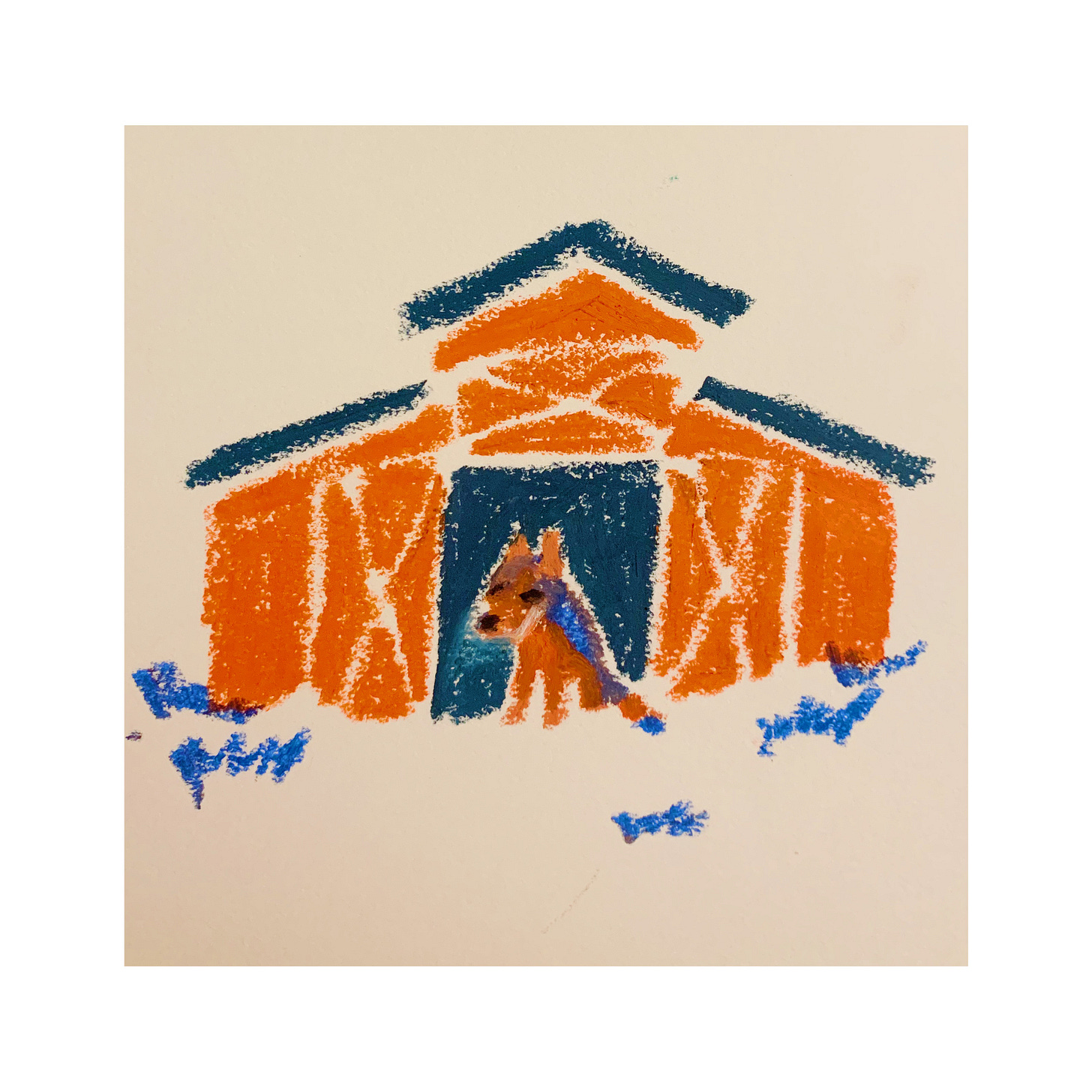 a drawing of a red and blue dog in front of a red barn