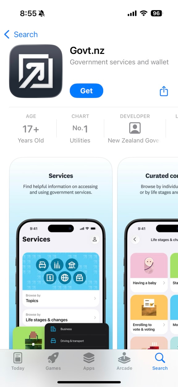 Govt.nz app as seen in the Apple app store.