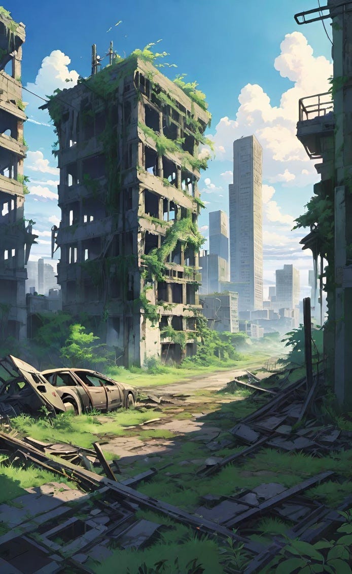 Color illustration of adecayed, vine-covered urban area, created by Frank Moone, using Dream.AI