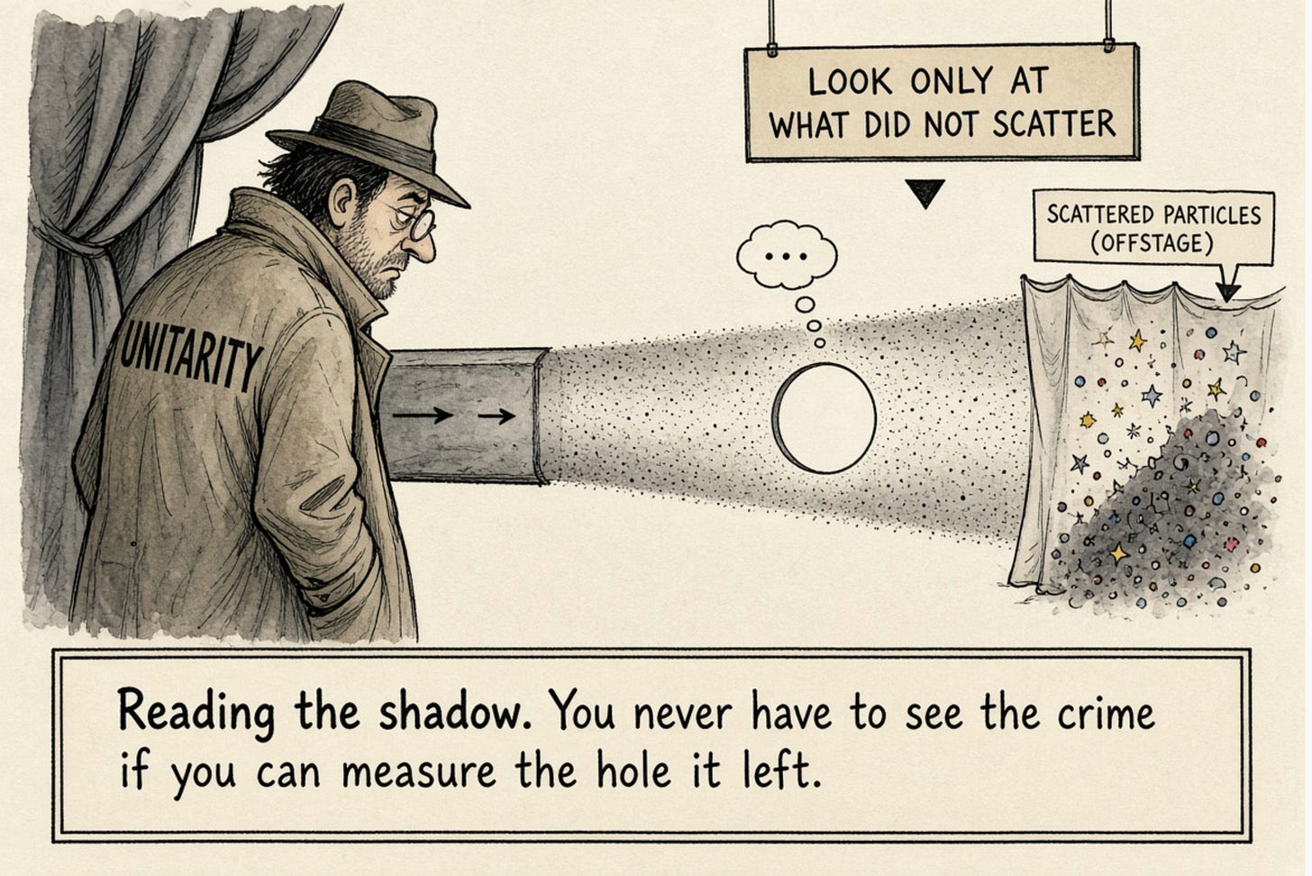 Reading the shadow: the missing forward beam records everything that scattered. Reading the shadow: the missing forward beam records everything that scattered.