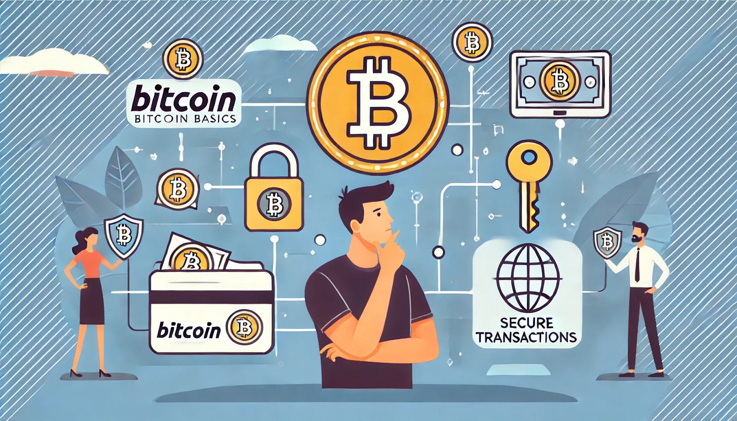 A landscape thumbnail for a guide about Bitcoin basics. The image should include elements like the Bitcoin logo, a simplified digital wallet icon, and a representation of secure transactions (like a lock symbol or key). Additionally, include a person with a thoughtful expression, looking as if they are learning or understanding something new. The background should be modern and tech-focused, with a clean and informative aesthetic. A landscape thumbnail for a guide about Bitcoin basics. The image should include elements like the Bitcoin logo, a simplified digital wallet icon, and a representation of secure transactions (like a lock symbol or key). Additionally, include a person with a thoughtful expression, looking as if they are learning or understanding something new. The background should be modern and tech-focused, with a clean and informative aesthetic.