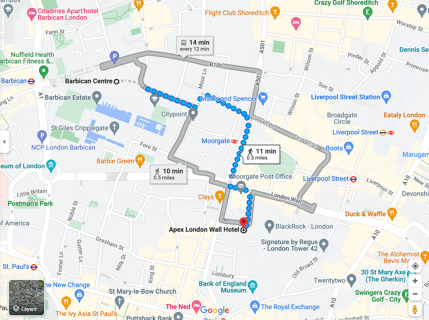Google maps directions from Barbican Centre to Apex London Wall Hotel