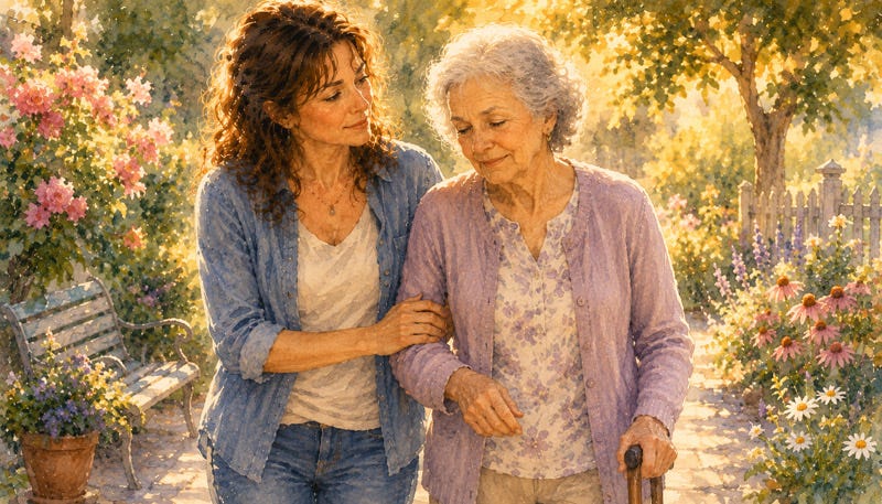 Woman gently supports her elderly mother while walking through a sunlit garden, symbolizing caregiving, patience, and personal growth. Woman gently supports her elderly mother while walking through a sunlit garden, symbolizing caregiving, patience, and personal growth.