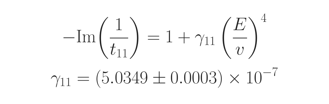 Minus Im of one over t sub 11 equals one plus gamma sub 11 times E over v to the fourth; gamma sub 11 equals 5.0349 plus or minus 0.0003 times ten to the minus seventh. Minus Im of one over t sub 11 equals one plus gamma sub 11 times E over v to the fourth; gamma sub 11 equals 5.0349 plus or minus 0.0003 times ten to the minus seventh.