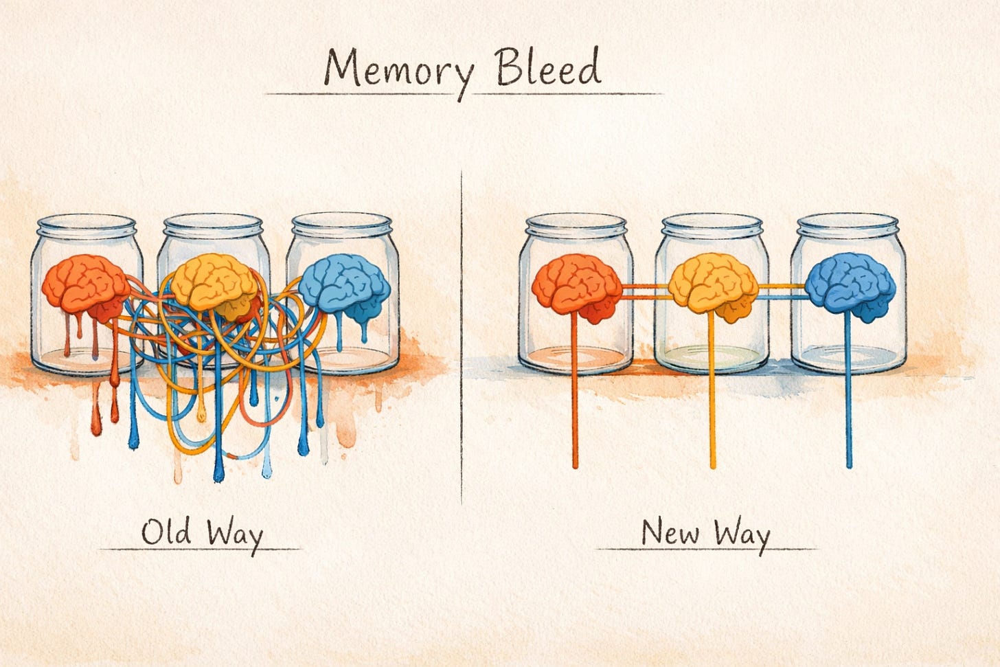 Memory Bleed vs Scoped Memory -- tangled wires leaking between jars vs clean isolated lines Memory Bleed vs Scoped Memory -- tangled wires leaking between jars vs clean isolated lines