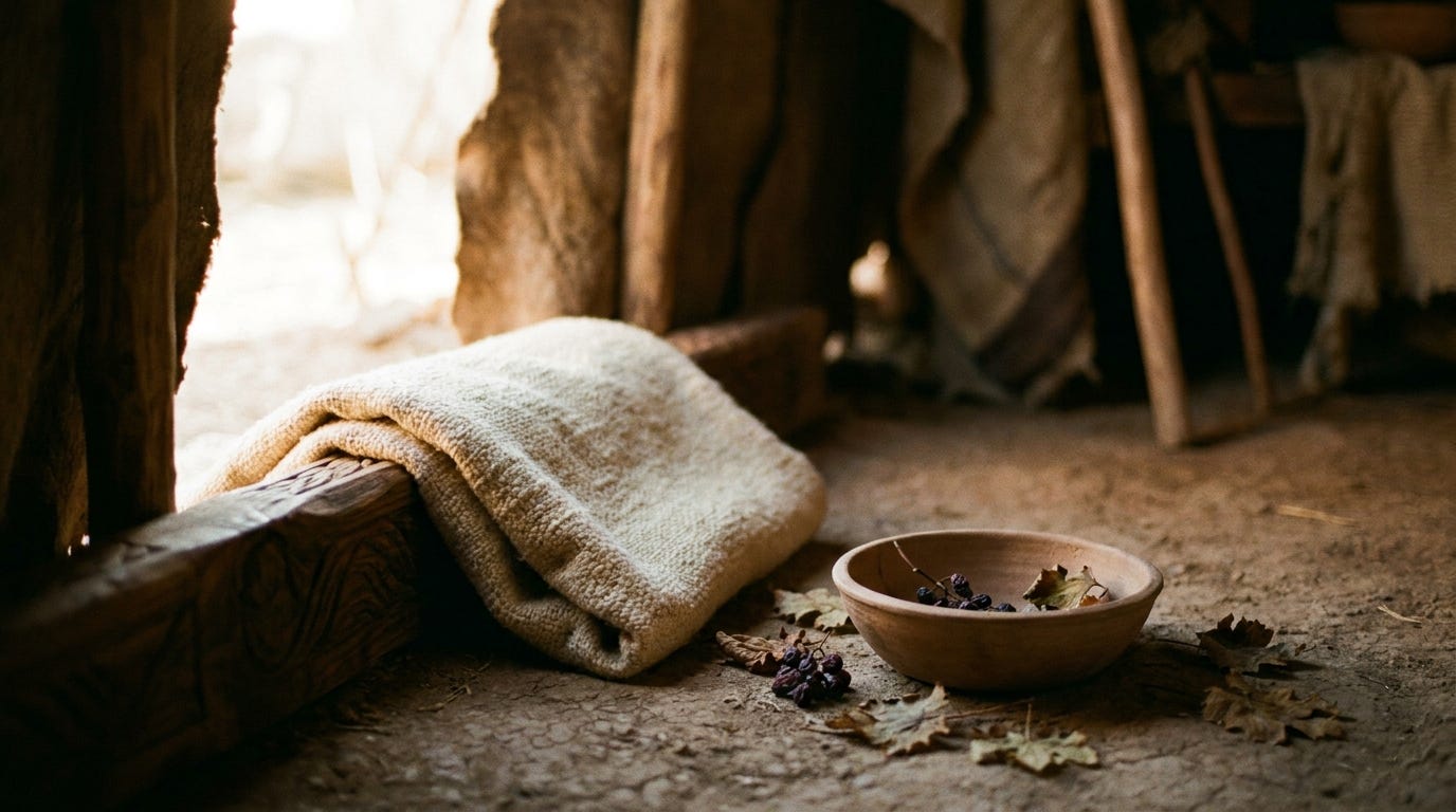 A weathered undyed wool cloak folded over a low wooden beam at the entrance of a Bronze Age tent at dawn, soft golden light falling across the packed-earth floor and a few fallen grape leaves, no people, no faces, no text A weathered undyed wool cloak folded over a low wooden beam at the entrance of a Bronze Age tent at dawn, soft golden light falling across the packed-earth floor and a few fallen grape leaves, no people, no faces, no text
