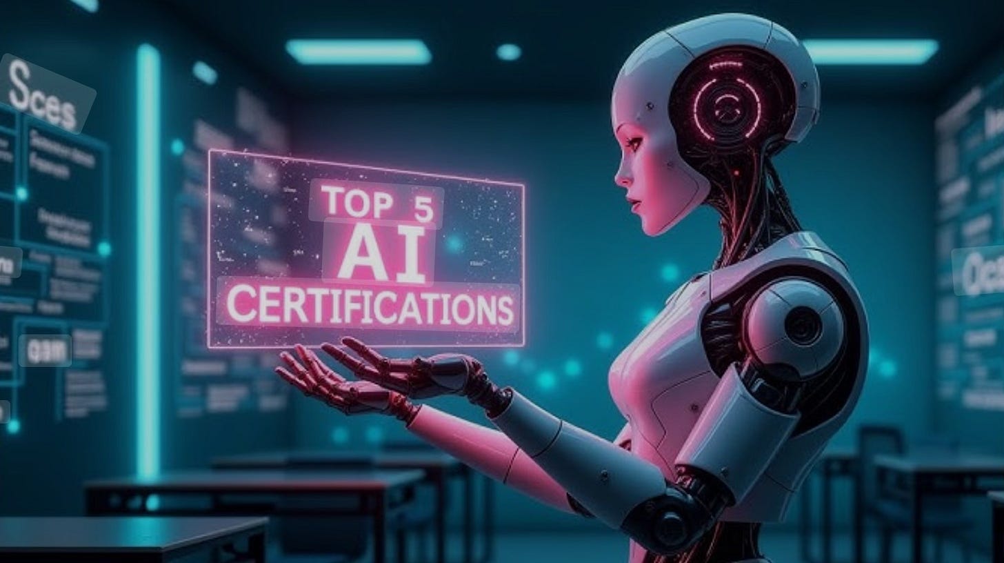 Robot sitting at a desk with a glowing sign reading “Top 5 AI Certifications,” representing the AI certification trend.