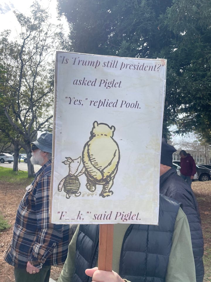 Signs say "I could shit a better president," large crowd and sign says: "how bad does it need to get for you to protest?" Sign says: Fuck this shit. Sign says: "Is Trump still president, asked Piglet. Yes, replied Poo. Fuck, said Piglet.