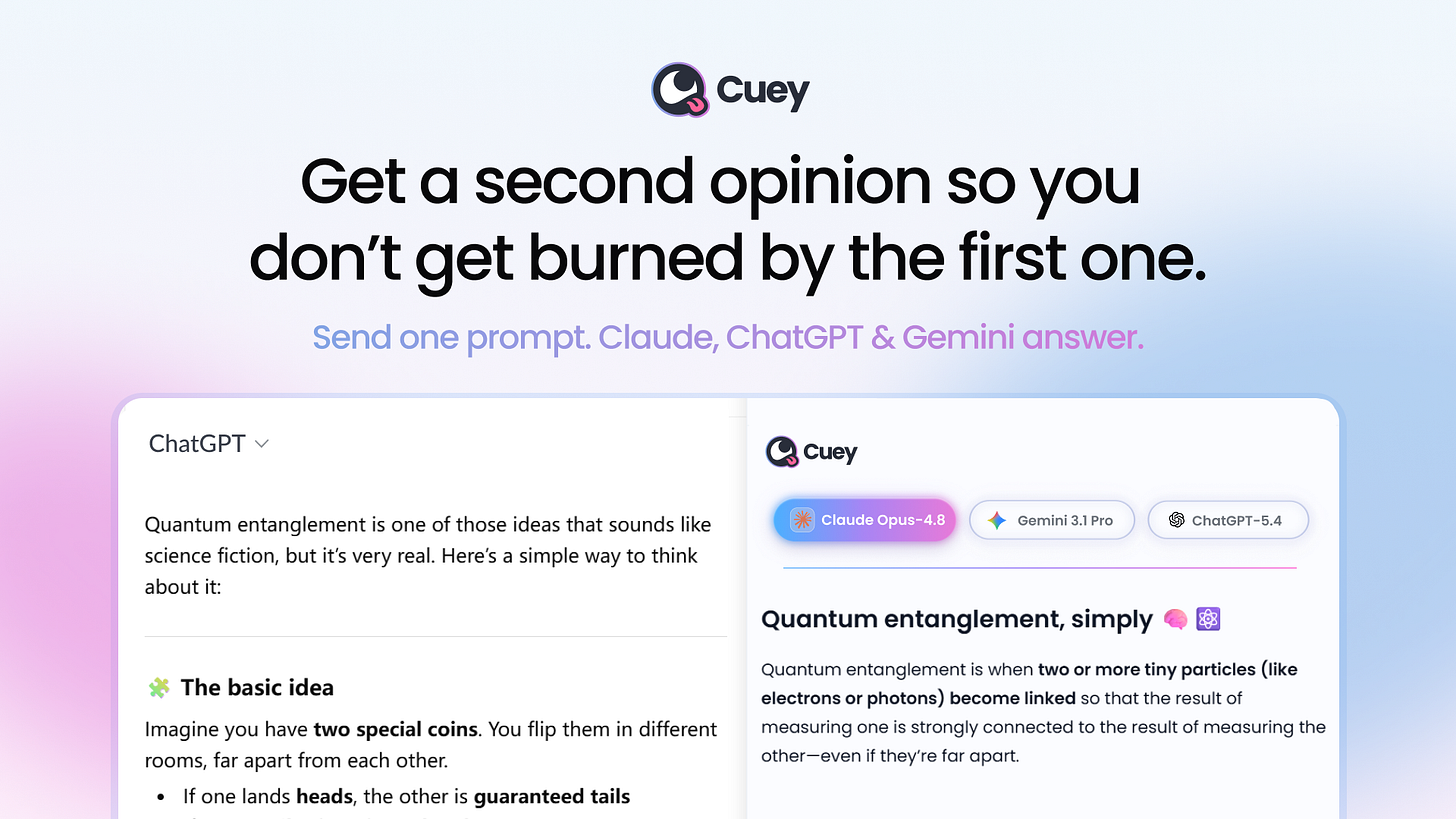Ad section: Cuey interface comparing Claude, Gemini, and ChatGPT answers from one prompt for second-opinion AI workflows
