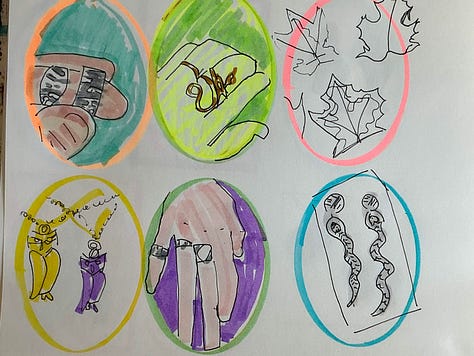 Photos des dessins que Merrill a fait aux feutres pendant la session. Elle a dessiné un petit cadre pour chaque.