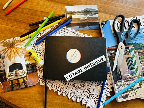 Photos of the journal of Karen Bussen, with magazine clippings, water color tries and notes