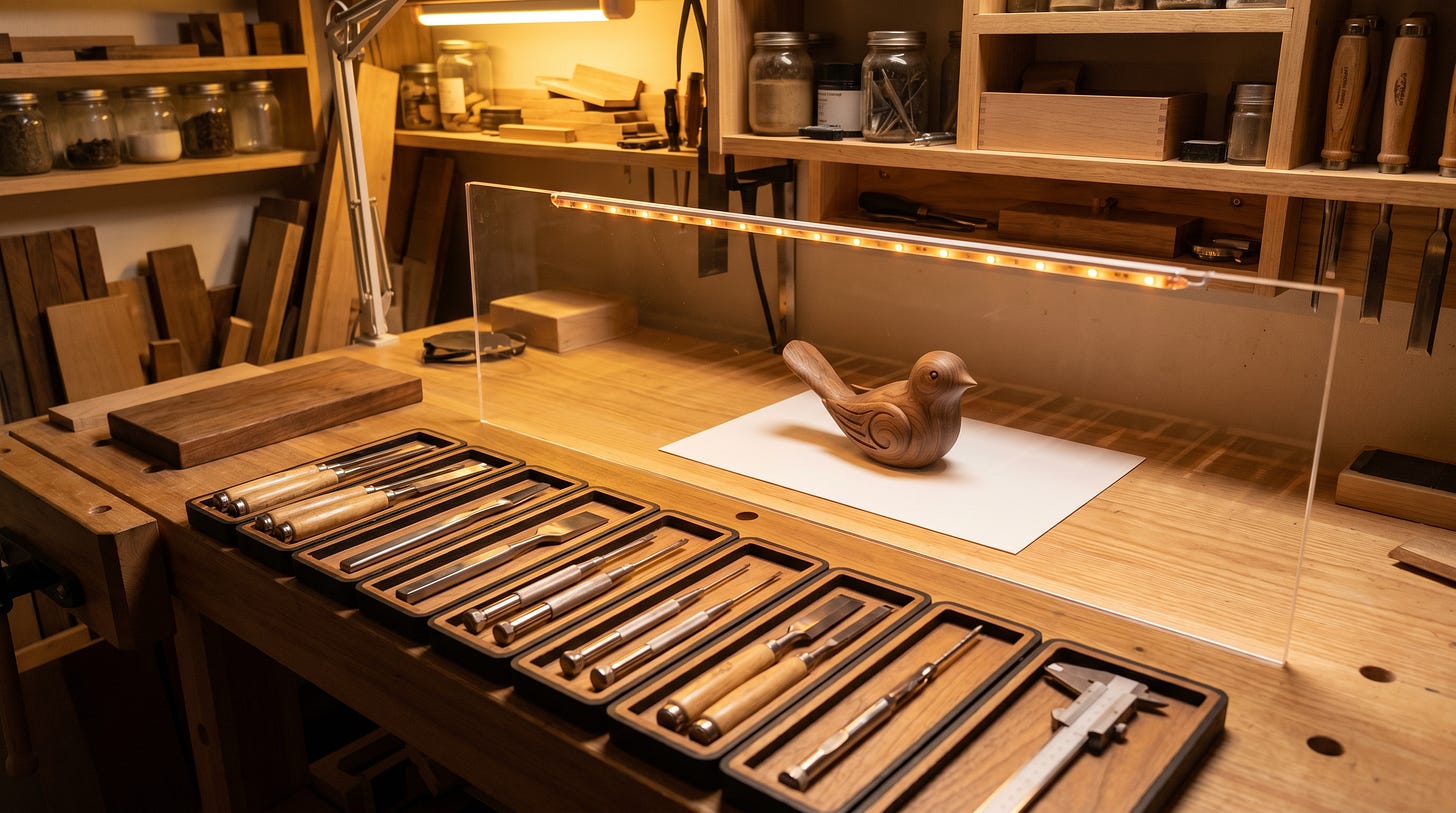 A craftsman’s workbench under warm tungsten workshop light. Precision tools are laid out in labelled wooden trays. A clear acrylic partition runs gently across the bench; on the far side, a single finished piece of carved walnut rests on a slip of paper-white card, watched by a small amber LED on the partition edge.