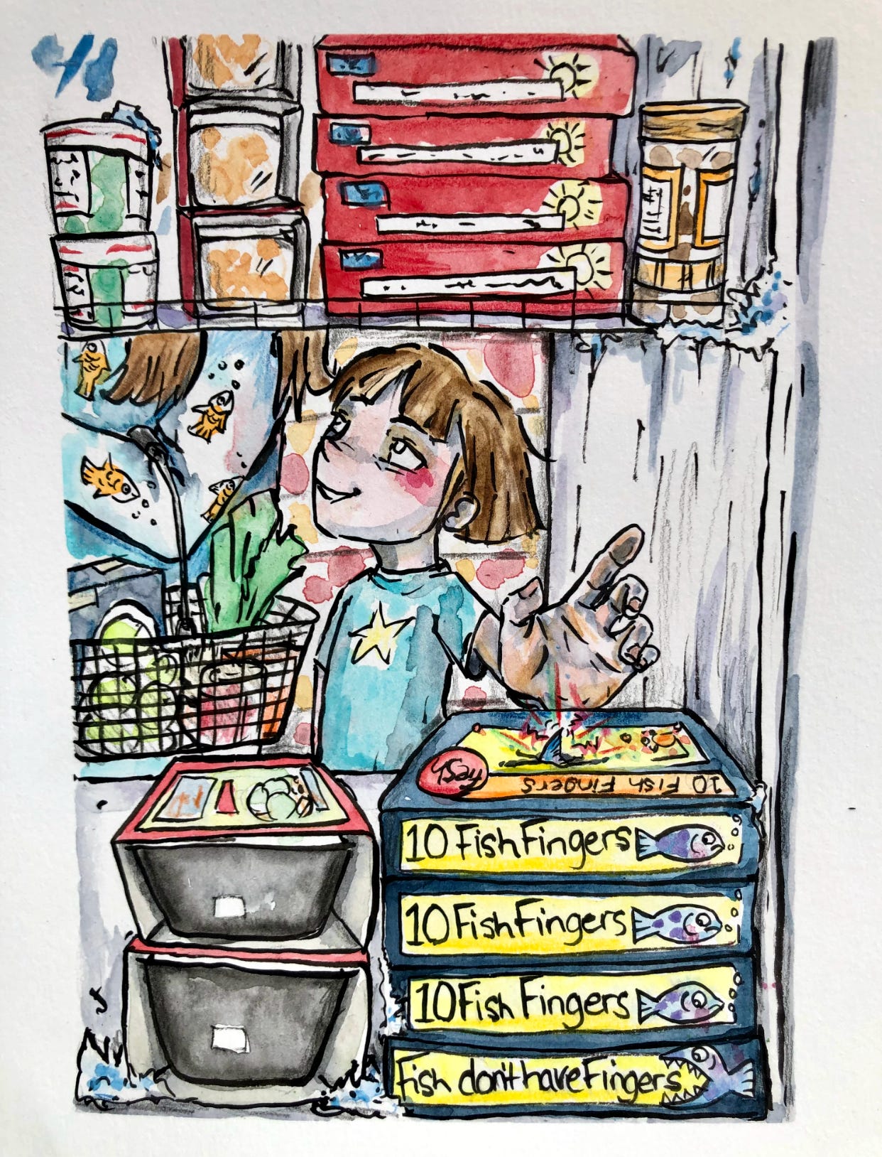 illustration of child reaching into supermarket freezer