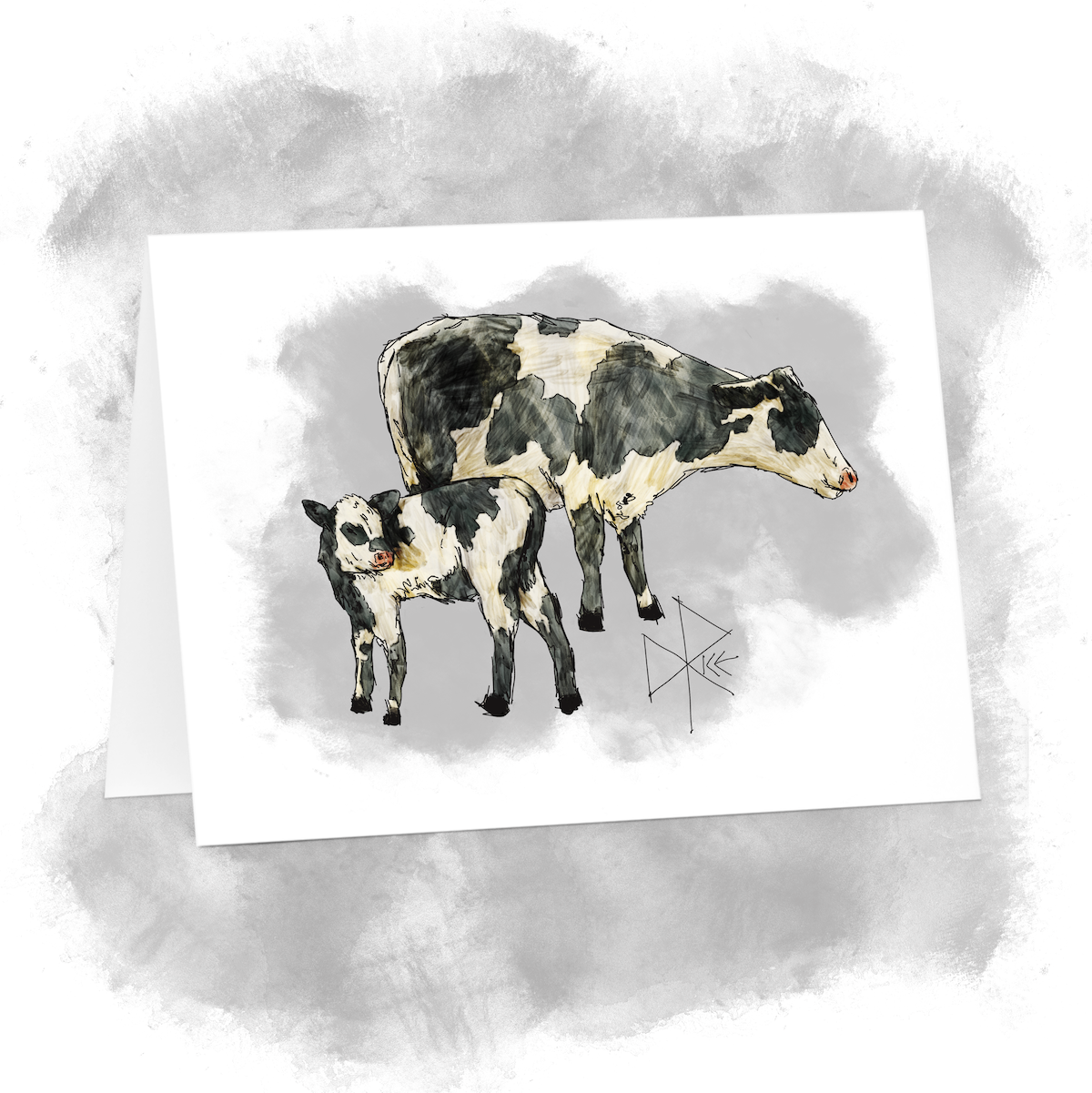 Holstein cow and calf stand in a field. Sketch art by Don Rice. Holstein cow and calf stand in a field. Sketch art by Don Rice.