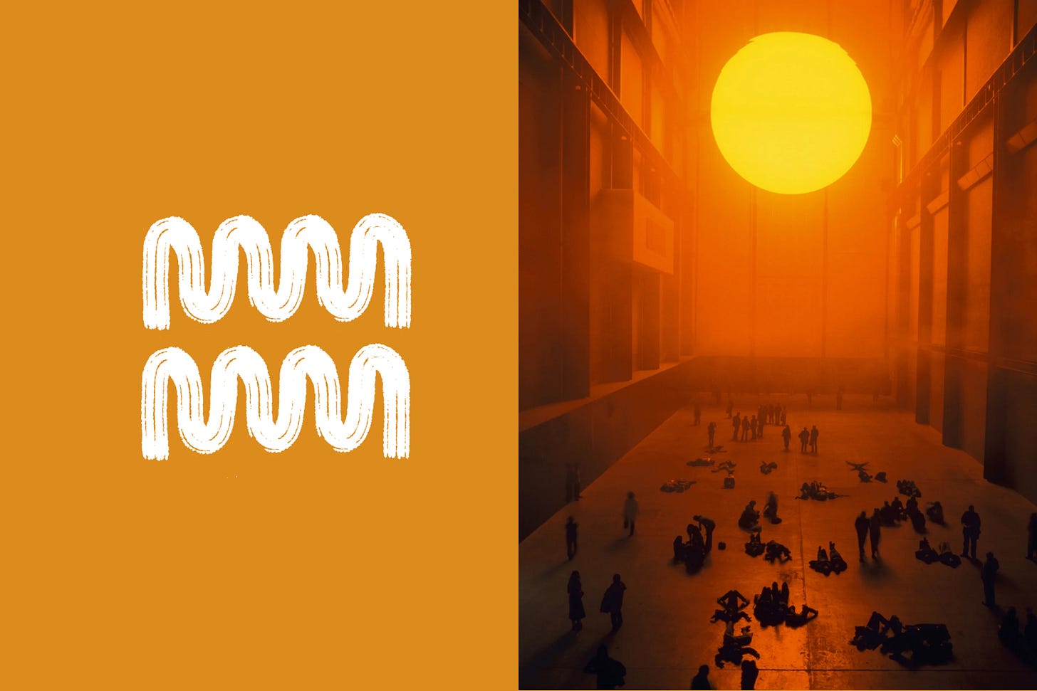 A photo of Olafur Eliasson's installation at the TATE Modern The Weather Project. In a room, museum goers gather and stand looking up or laying on the ground facing a mirrored ceiling. At the far end of the room is a sun-like object. The room is orange and hazy.