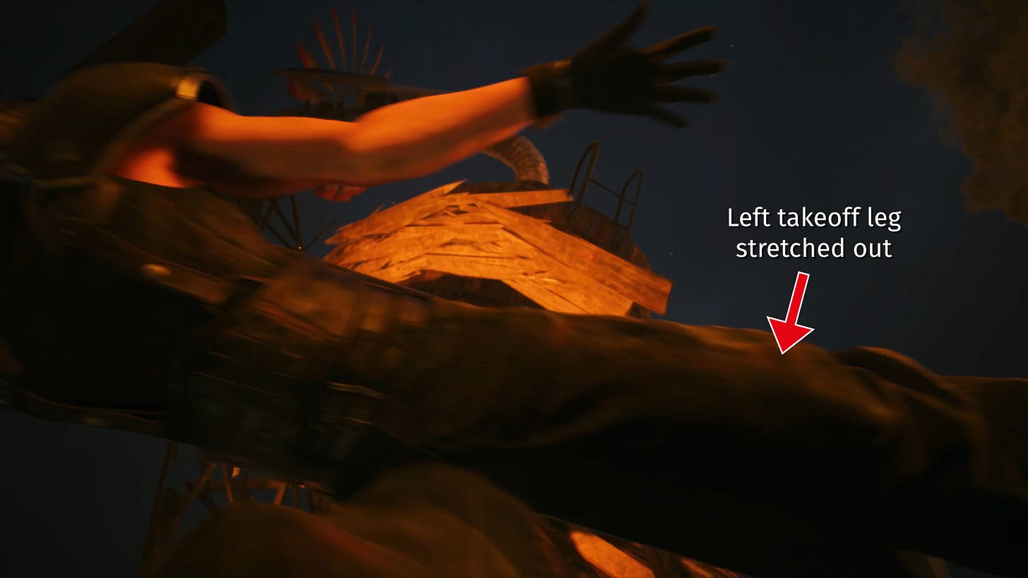 "Cloud's" left takeoff leg is stretched out during his jump to safety.