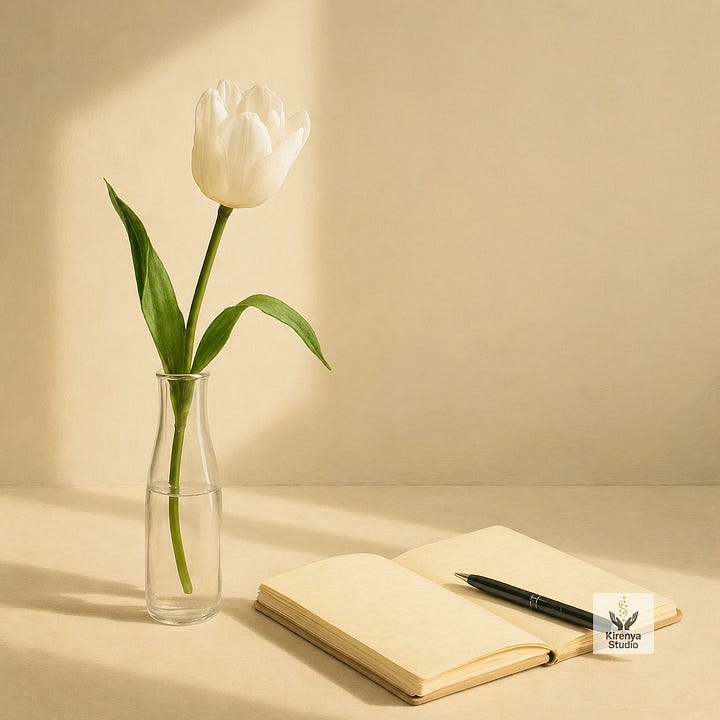 Four sunlit still-life images shown in order: a yellow tulip, a white tulip, a red tulip, and a violet tulip, each in a clear glass vase beside an open notebook and pen on a warm beige surface.